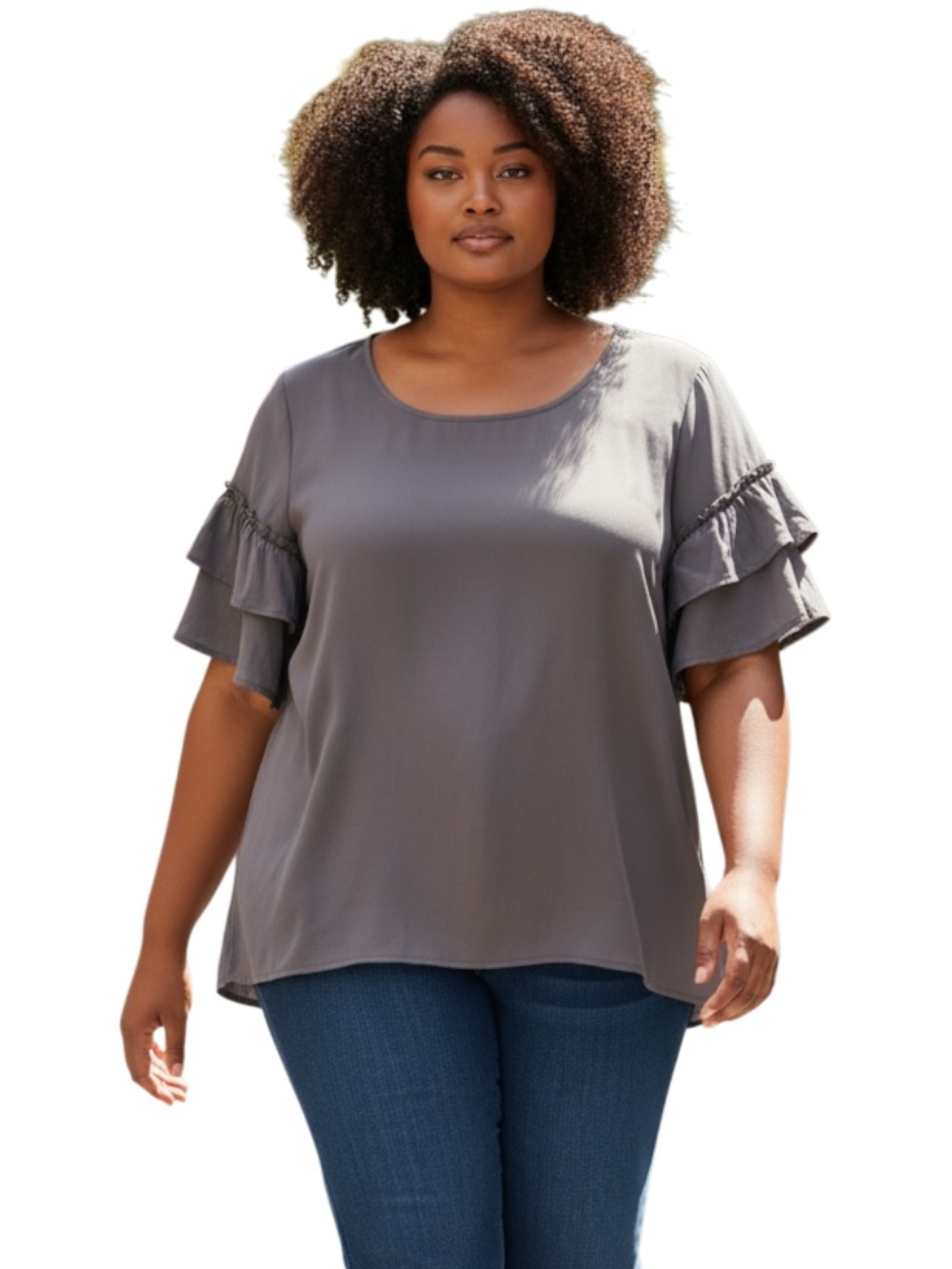 torrid Gray Scoop Neck Top with Double Ruffle Sleeves